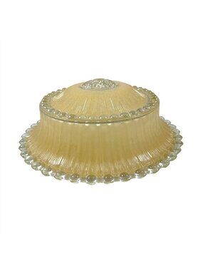 Beige Glass Dome Shade Ceiling Light Beaded Edge Ribbed Design Vintage 1950s